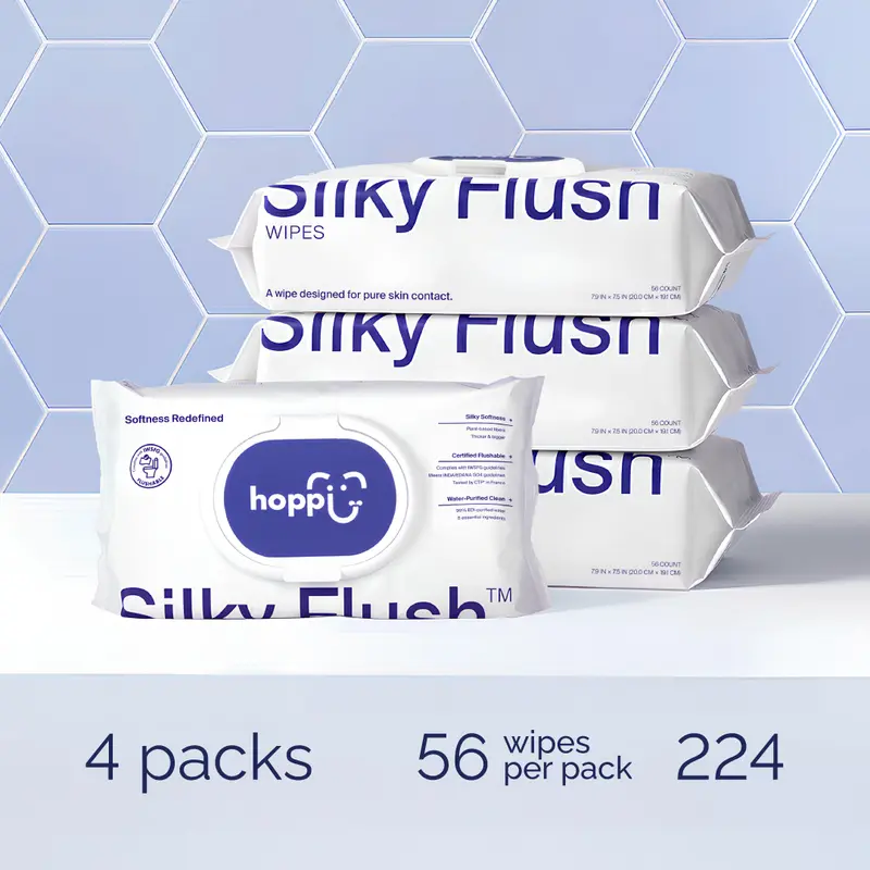 Hoppi Flushable Baby Wipes, 99% water content, hypoallergenic, suitable for sensitive skin, plant-based formula, fragrance-free, safe for sewers and septic systems, silky smooth and easy-to-flush toilet training wipes for toddlers (224 wipes, 4 packs)