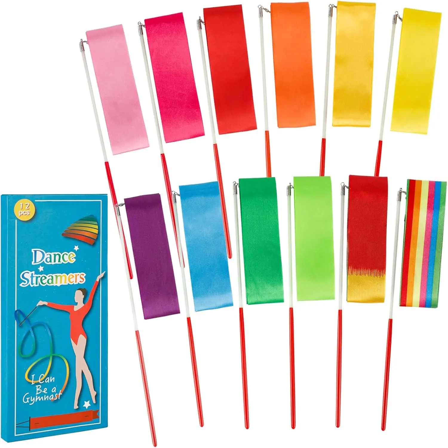 YGEOMER 12pcs Dance Ribbons, Rainbow Gymnastics Ribbon Wands for Kids Dancer, Dance Twirling Sticks Batons Streamers for Artistic Dancing, Talent Shows Dance Floor Party Props