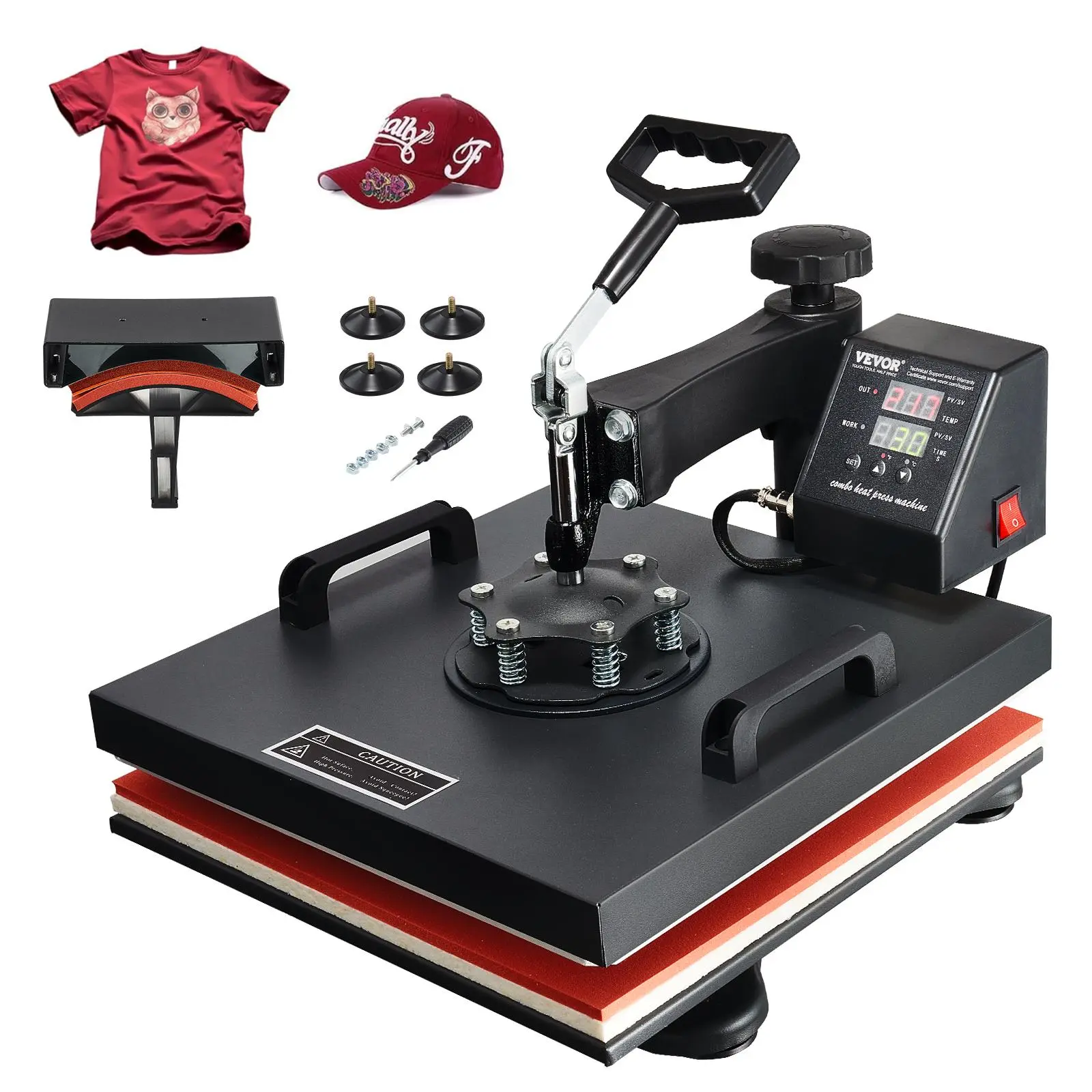 【Summerfinds】VEVOR Heat Press Machine, Heat Transfer Machine with Hat Press, 360° Swing Away T-Shirt Pressing Machine, Digital Precise Control, Fast Even Heating for T-Shirts/Hats/Caps, Black