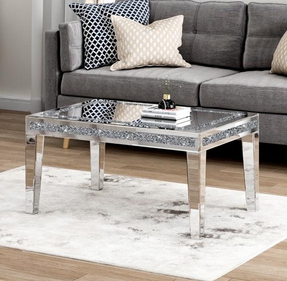BLINGWORLD Rectangle Coffee Table with Crystal Inlay Mirrored Silver Accent Table