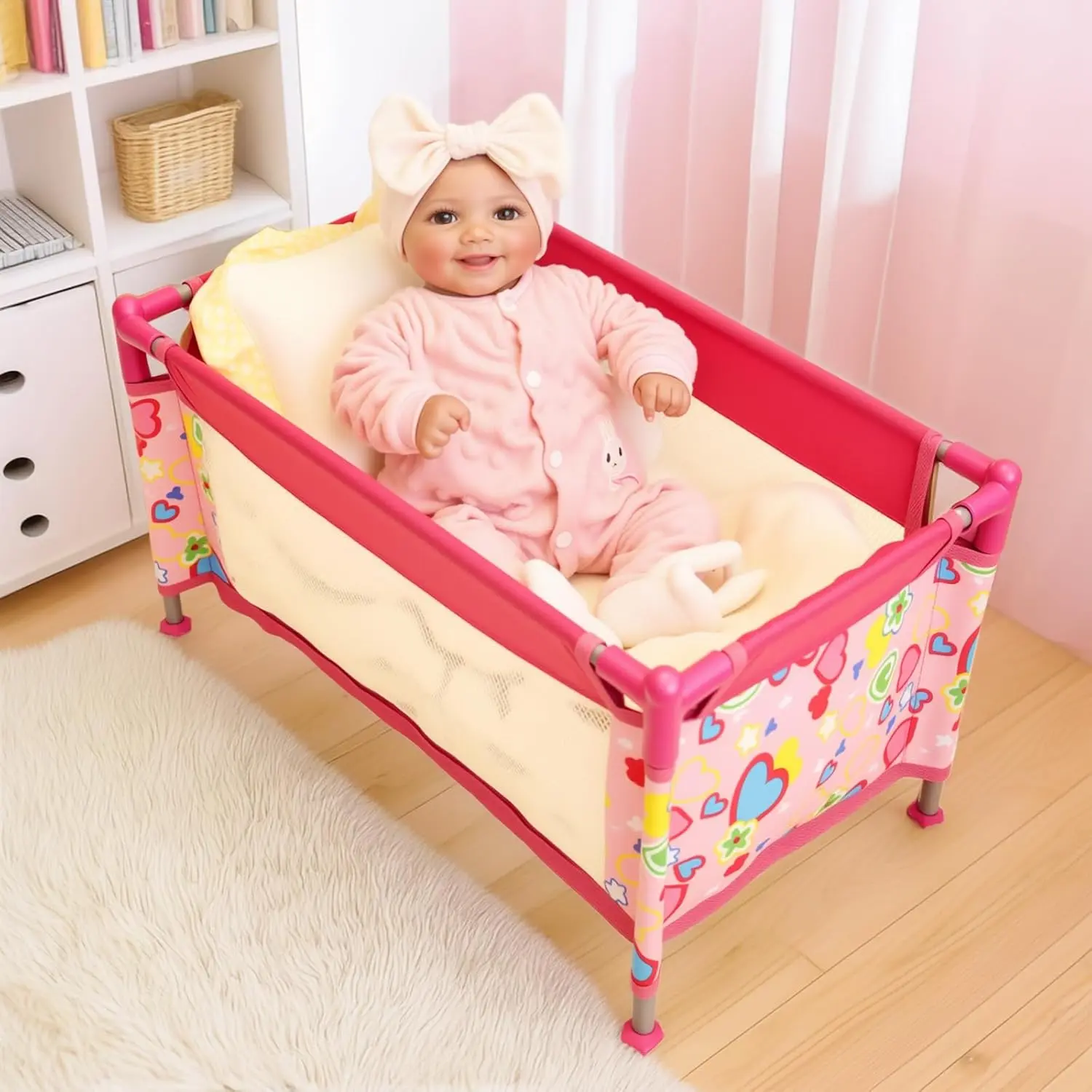 #Summervibes#DealsForYouDays Baby Doll Crib, Baby Doll Bed for 17-22 Inch Dolls, Foldable Baby Doll Playpen Toy Crib, Reborn Baby Doll Accessories with Storage Bag, Doll Pack n Play Kids Gift (Pink)，Doll not included