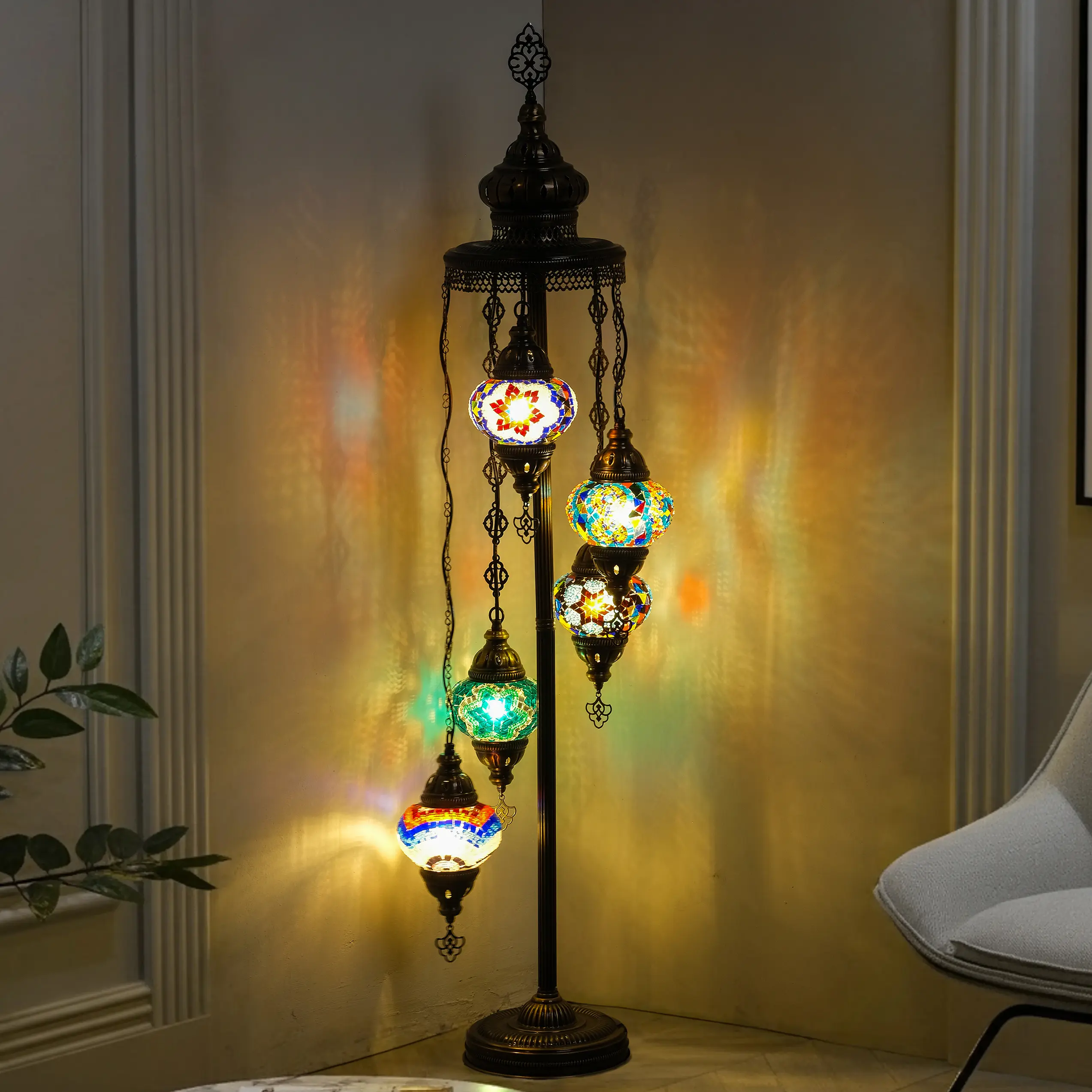5 Globe Multicolor Turkish Mosaic Floor Lamp, Hand Made Bohemian Style Moroccan Light,