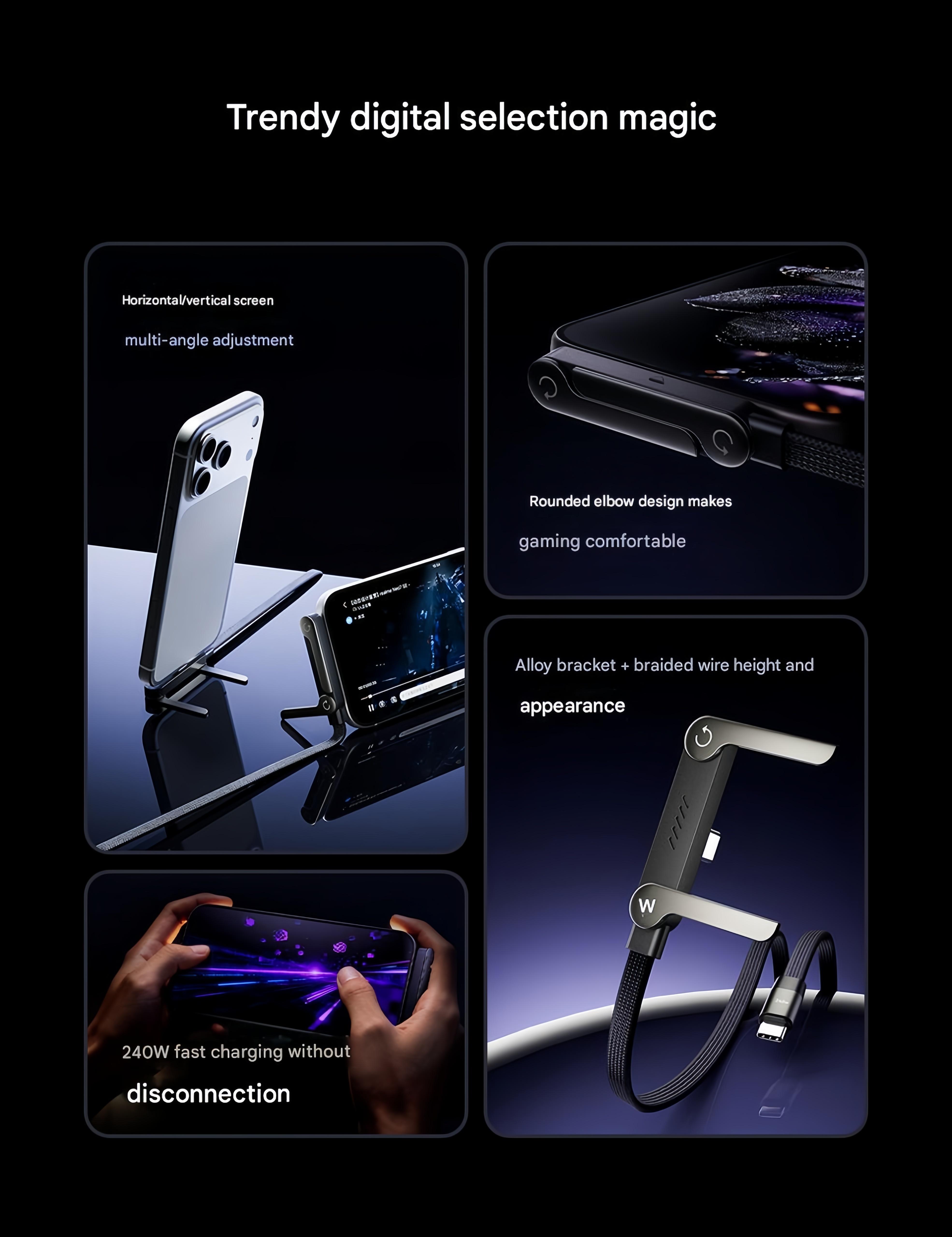 Basemo 240W Elbow Bracket Data Cable 1.5m Black for iPhone 15-17 Huawei Xiaomi Samsung Fast Charging Magnetic Phone Charger with Type-C Interface & CarPlay - Cellphone data cable Lightning charging port phone holder phonestand