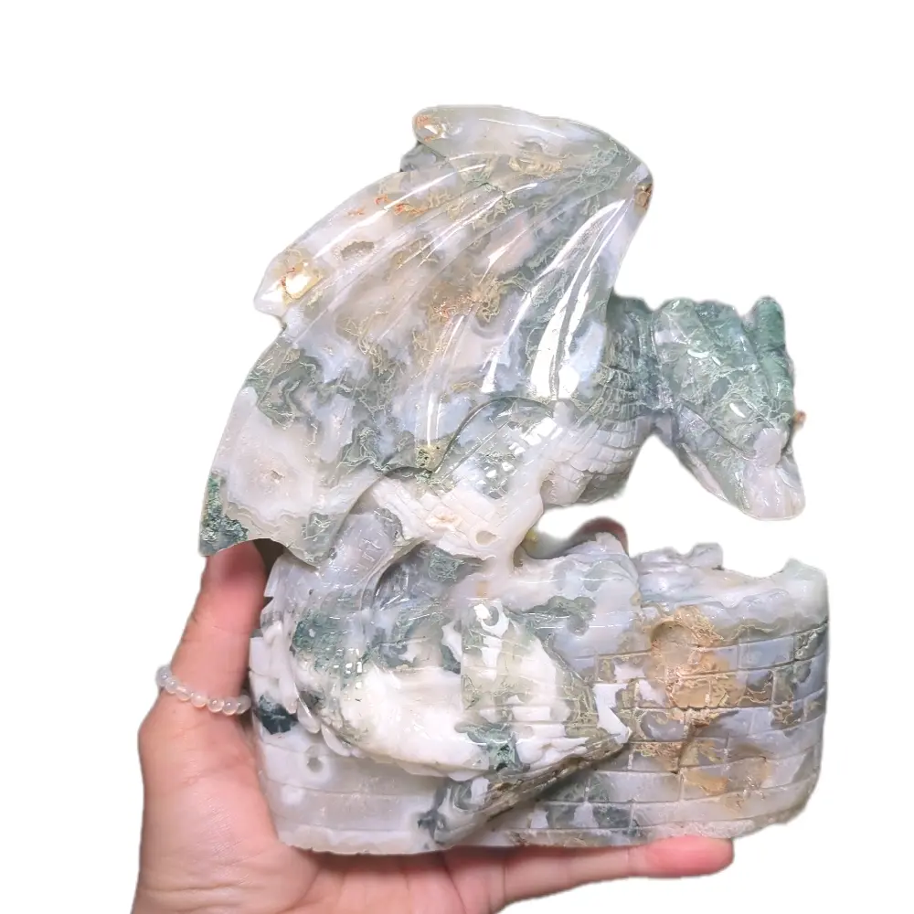 Moss Agate Dragon Carving Wyvern Statement Piece Druzy Natural Hand Carved Crystal Medieval Fantasy Decor