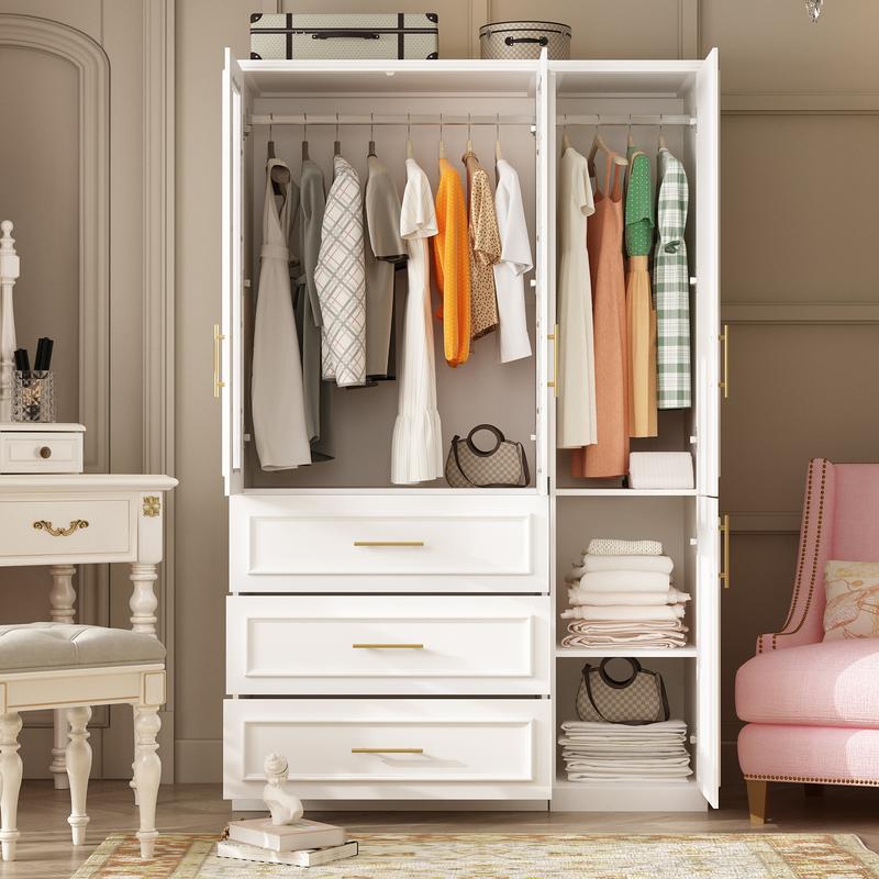FUFU&GAGA 4 Door Wardrobe Closet with Shelves, Armoires and Wardrobes Wardrobe Closet with Hanging Rod, Gold Metal Handles, Bedroom Armoire Closet
