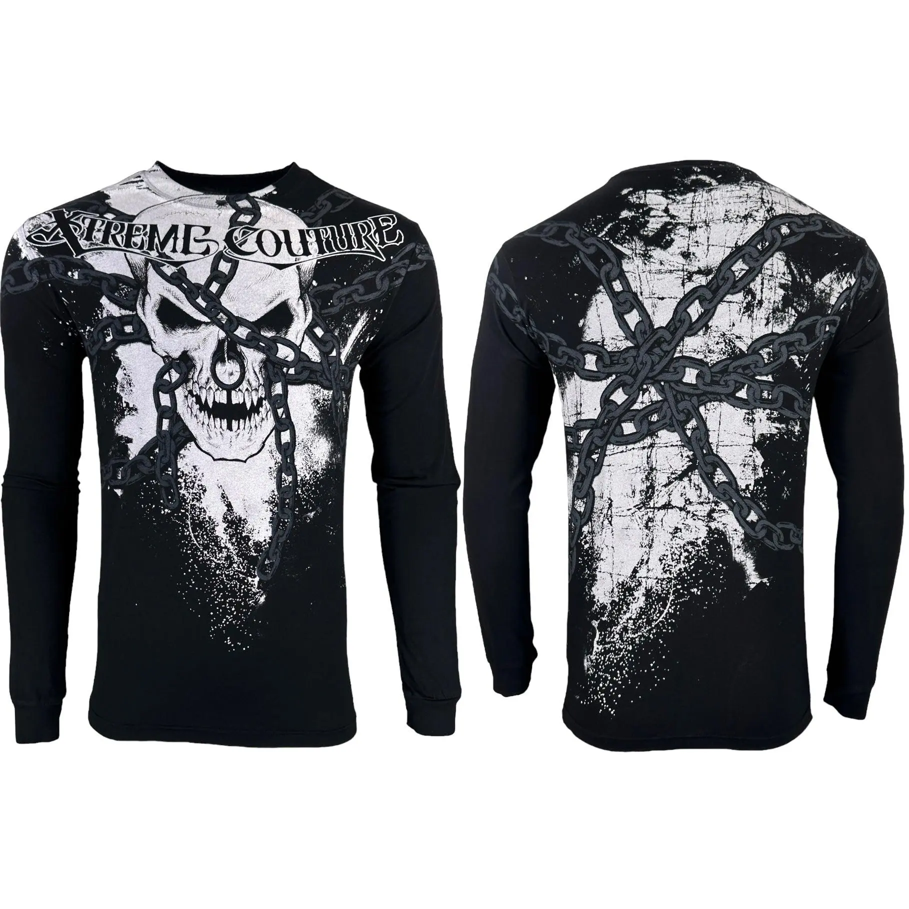 Xtreme Couture Men's T-Shirt, Chained Graphic Long-Sleeve Top with Front and Back Print, 100% Cotton Casual Round Neck, Made in USA, Printed Front/Back, Crew Neck