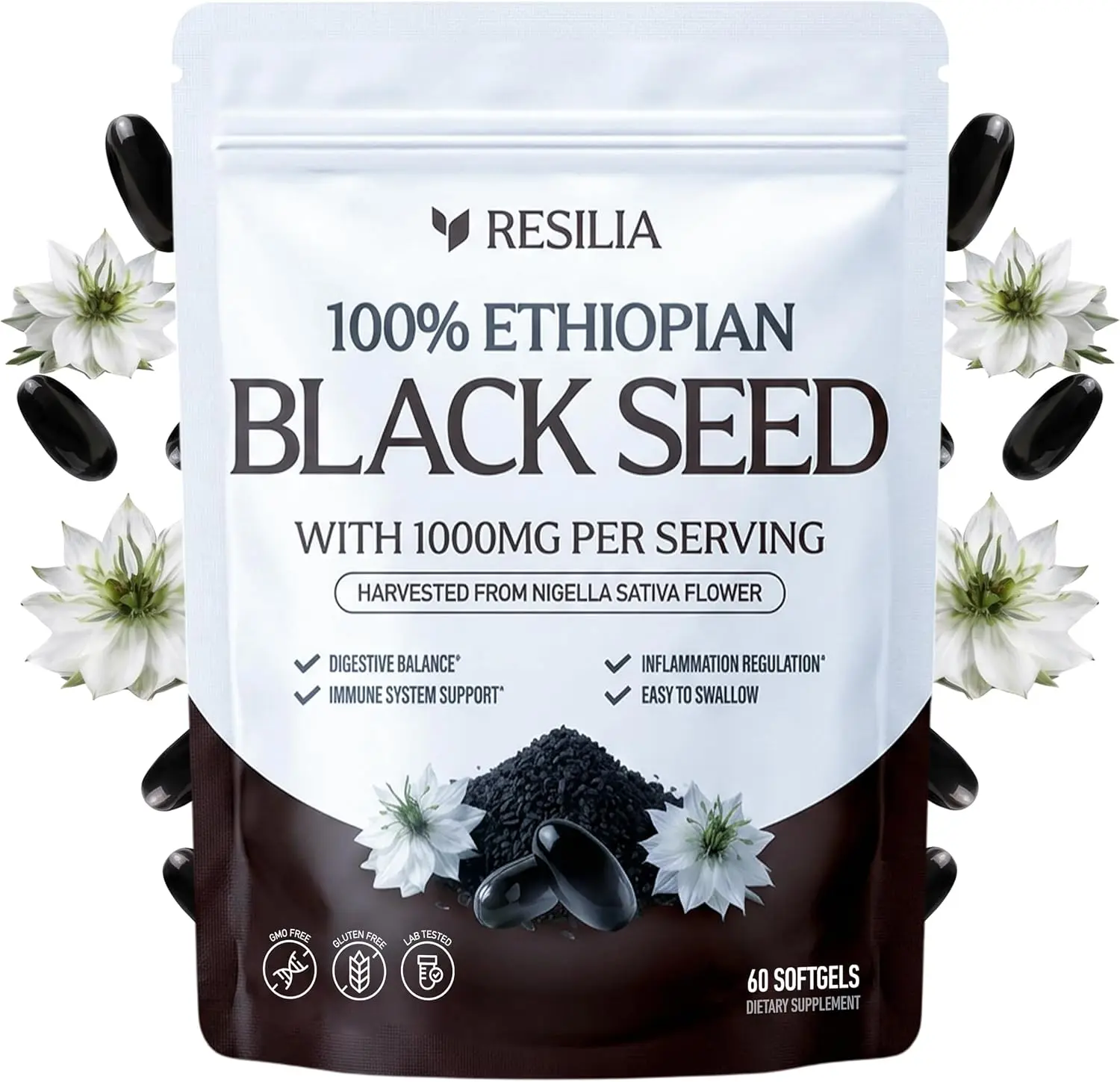 Resilia Ethiopian Black Seed Dietary Softgels, 1000mg Per Serving - Premium Nigella Sativa Seed Oil Supplement - Digestive & Immune Support - Easy-to-Swallow Capsules (60 Count)