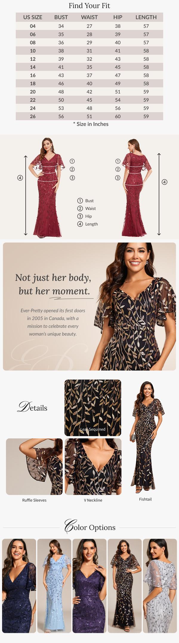 Ever-Pretty 2026 Corset dress Elegant Tulle Mermaid Gown with Deep V-Neck, Flutter Sleeves and Leaf Sequin dress  –  Party Glamour dresss 00693 Glitter Formal dress, Evening dress