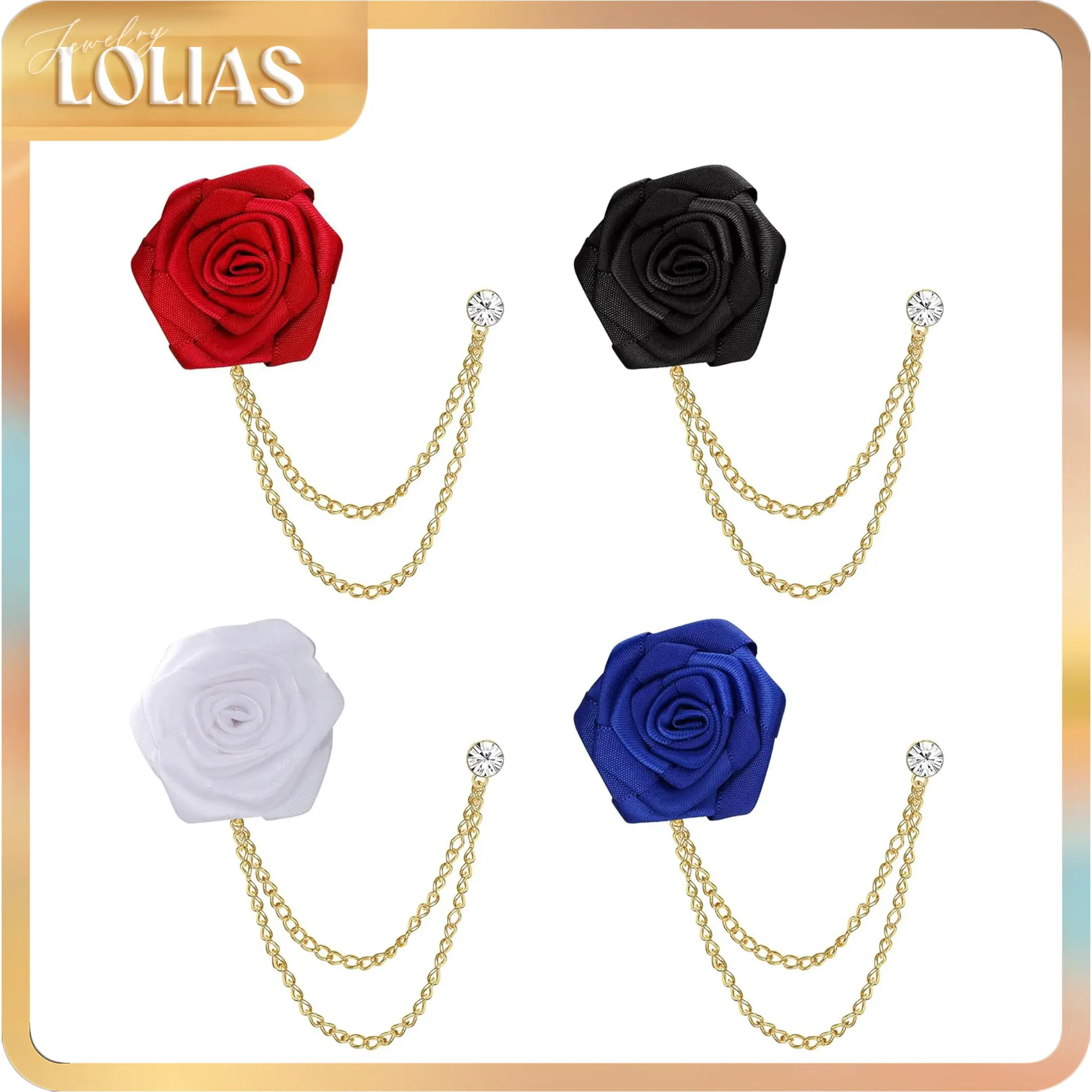 LOLIAS 4PCS Men's Vintage Handmade Satin Rose Flower Brooch Lapel Pin Set - Satin, Alloy Base, Crystal CZ Sparkle, Tassel Chain, Sturdy Refined Comfortable, for Groom, Engagement, Anniversary, Business Ceremony