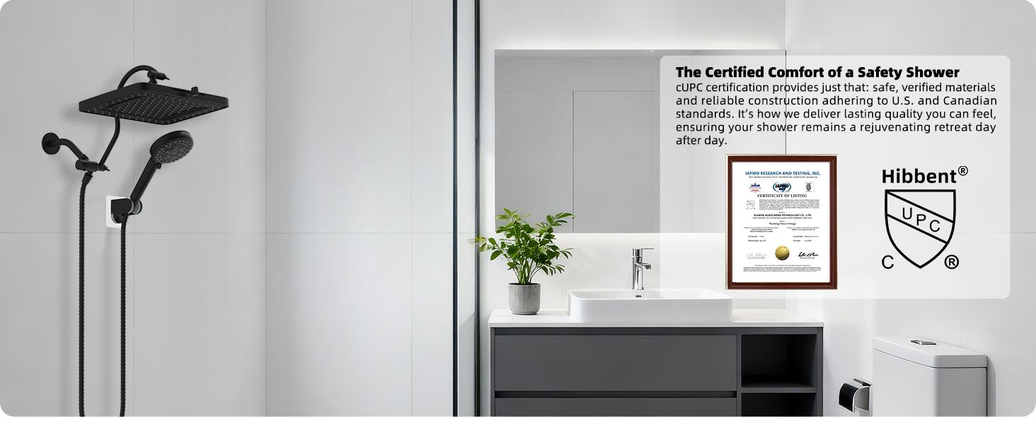 Hibbent Upgraded cUPC Certified 5-spray 13'' Shower Head, High Pressure Rainfall Shower Head, Dual Showerhead Combo with 10-mode Handheld Spray, 12'' Adjustable Extension Arm, 71'' Hose, Shower Holder, Matte Black