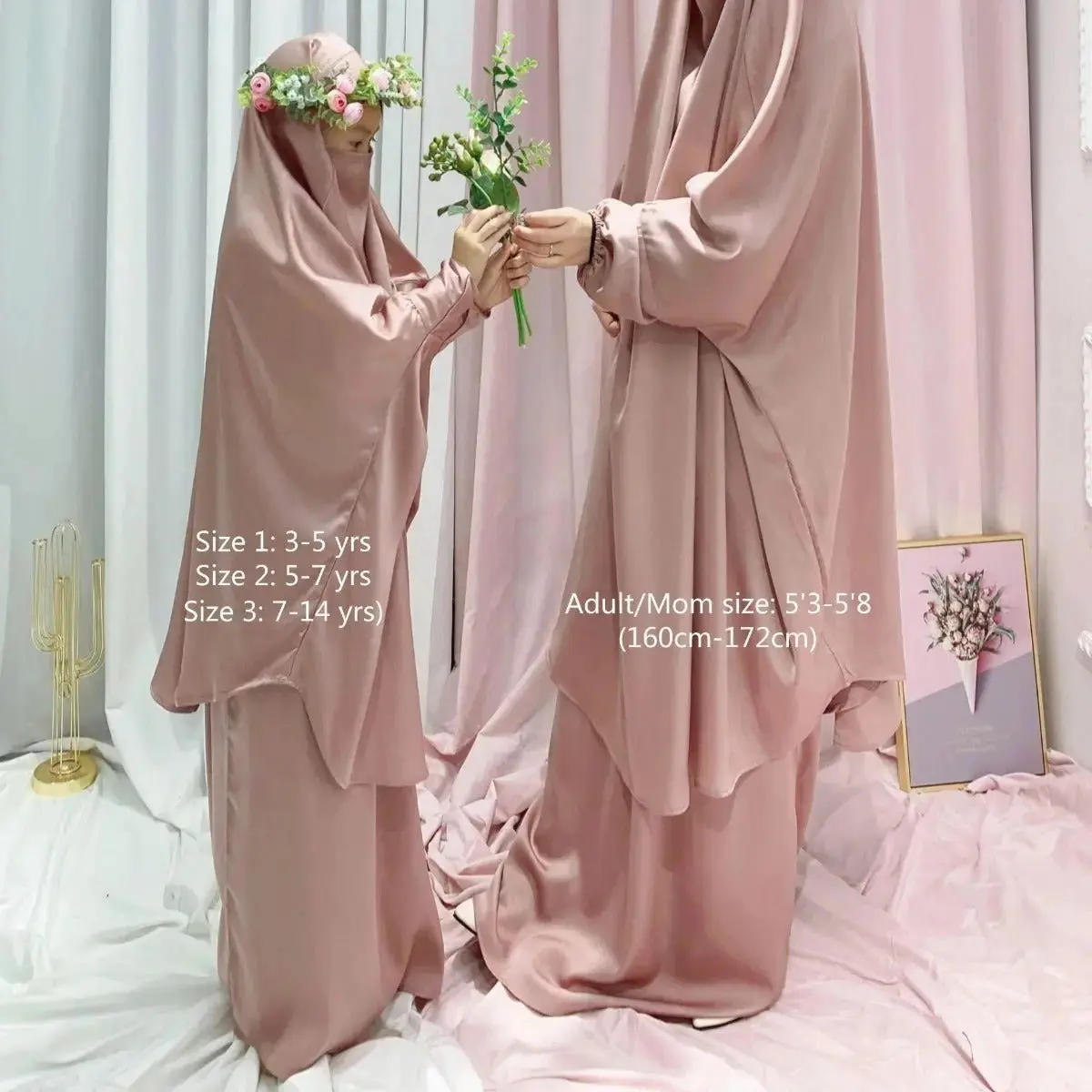 Women's Plain Nida Fabric Jilbab Set - 2-Piece Batwing Long Sleeve Modest Prayer Clothing with Full Cover Khimar and Bottom with Pockets, Parent-Child Set, Full Cover Length