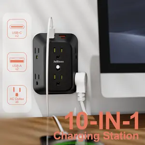 10-IN-1 Charging Station with 6 AC Outlets & 4 USB Ports, Compact Travel Power Strip with Surge Protection, Widely Spaced Outlets for Home Office