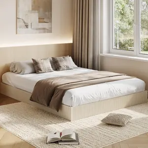 Wood Bed Frame, Wooden Platform Bed with Fluted Design, Queen Bed Frame with Study Support, Easy Assembly, No Box Spring Needed, Noise Free, Beige