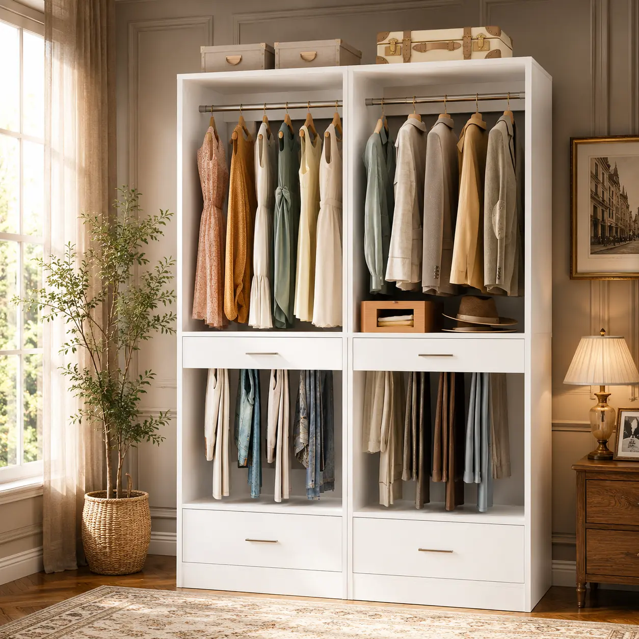 Homieasy Modular Closet System Organizer, Expandable Wardrobe Closet with Hanging Rod, Pants Rack & Drawer – Sturdy Closet Storage for Bedroom & Walk-In Closet, White