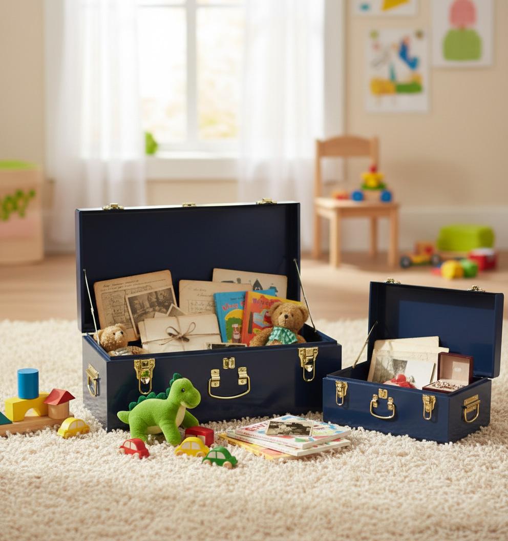 Navy Blue Metal Keepsake Storage Trunk – Dorm Footlocker for Toys, Clothes & Memory Storage Navy Blue Metal Keepsake Storage Trunk – Dorm Footlocker for Toys, Clothes & Memory Storage