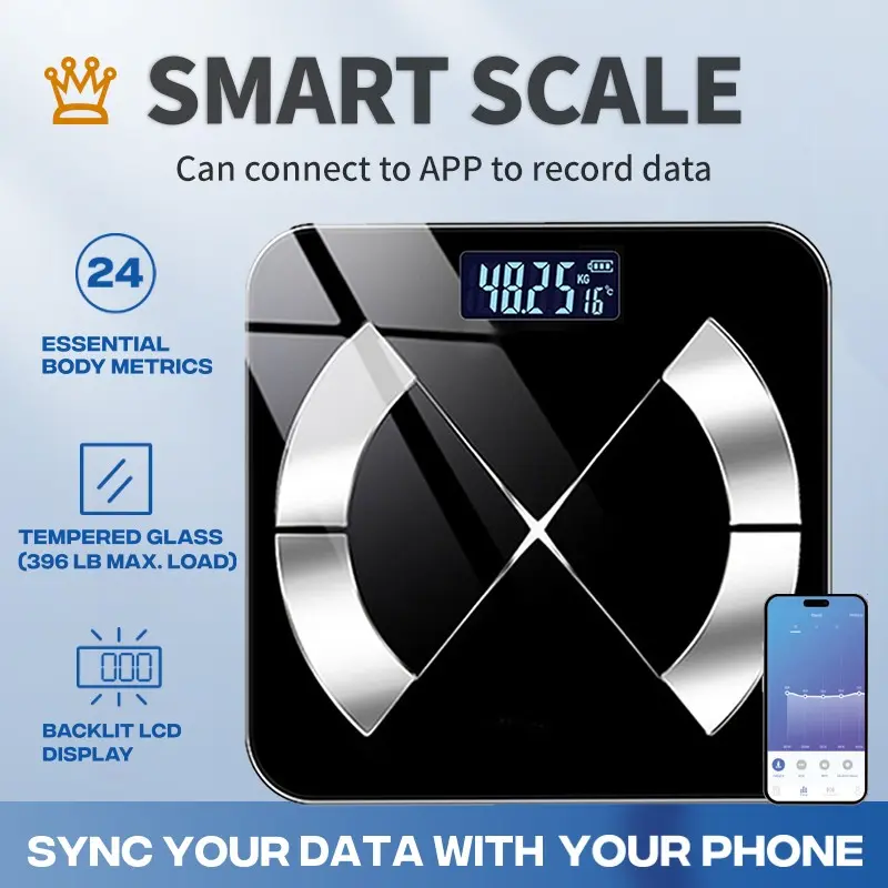 Smart Bluetooth-compatible Digital Bathroom Scale, Body Weight Scale, Weighing Scale, Fitness Weight Monitor, APP Connects iOS Android, Supports Bmi Measurement, 180kg Capacity