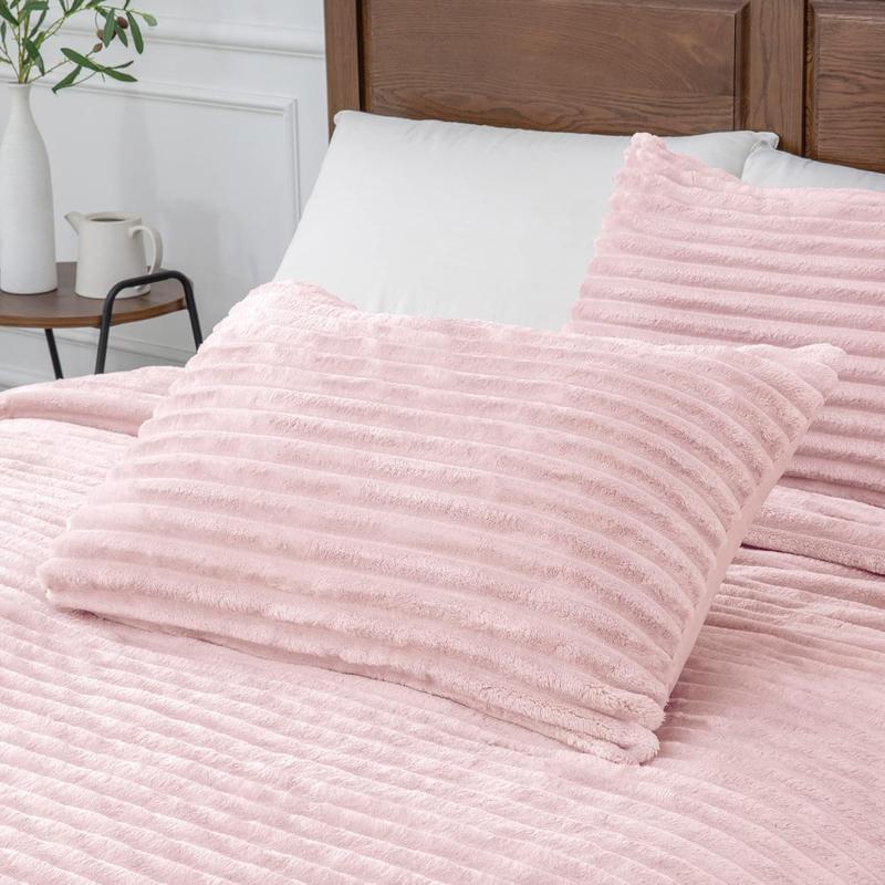 BEDELITE Flannel Comforter Set Super Soft & Warm Fluffy Pink Valentine's Day gift - Elegant Striped Design for Winter - Twin/Queen/King Sizes Machine Washable