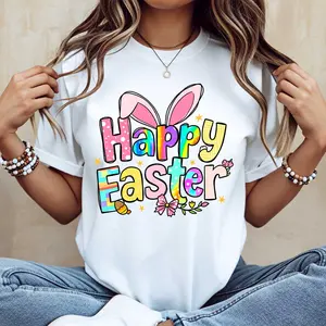 Happy Easter Bunny Ears And Colorful Text Print T Shirt White Casual Short Sleeve Tee For Spring Holiday Celebration