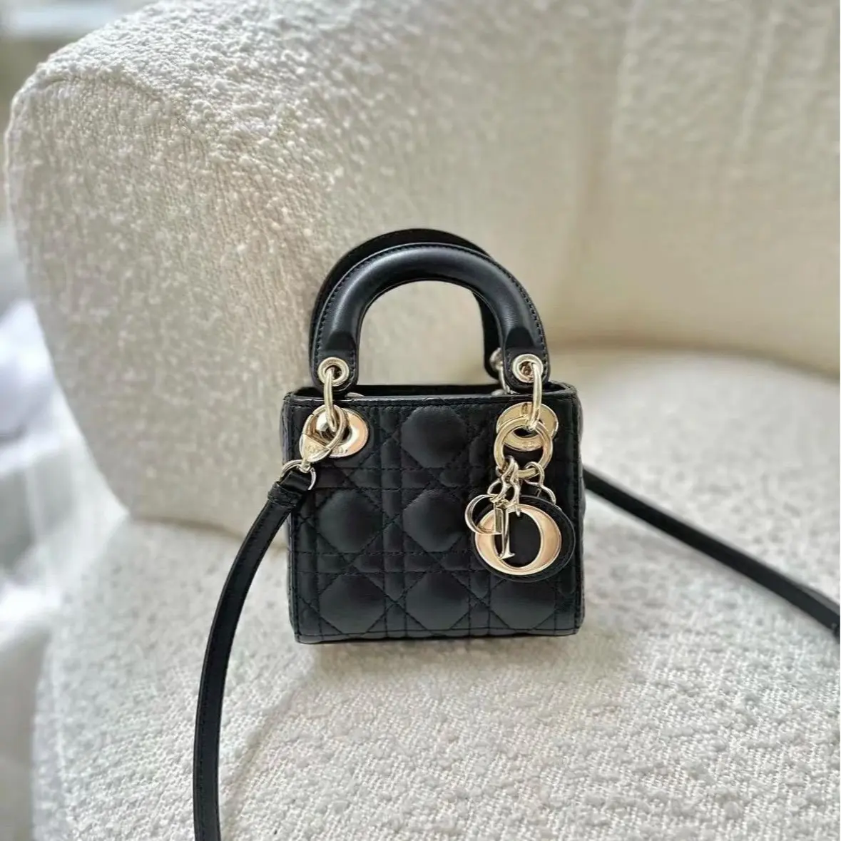 Pre-owned Dior Lady Micro Shape Crossbody Bag Black Cannage Lambskin, Pale Gold Tone Hardware, Purses Crossbody Bag (2418050)
