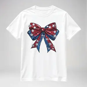 Patriotic American Flag Graphic Tee Women Soft Cotton Casual Top Independence Day USA Theme Star Ribbon Motif Short Sleeve Crewneck Apparel Summer Celebration Style Shirt