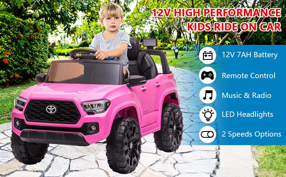 GARVEE Explore the GARVEE 12V Toyota Tacoma Ride-On Car, featuring spring suspension and vibrant LED lights, available in Pink, Black, White, and Red, perfect for adventurous young drivers.