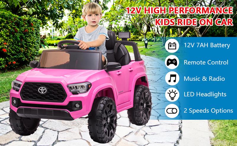 GARVEE Explore the GARVEE 12V Toyota Tacoma Ride-On Car, featuring spring suspension and vibrant LED lights, available in Pink, Black, White, and Red, perfect for adventurous young drivers.