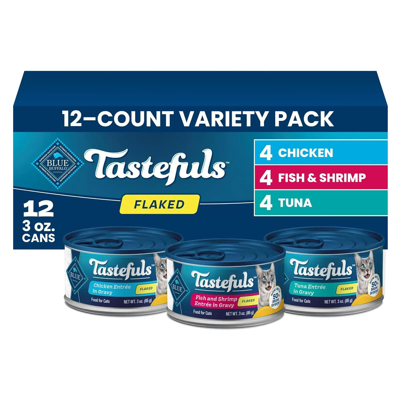 Blue Buffalo Tastefuls Variety Pack Wet Cat Food, 3 oz, 12 ct Tuna, Chicken & Fish and Shrimp Entrées in Gravy (4 of Each), No Corn, Wheat, or Soy