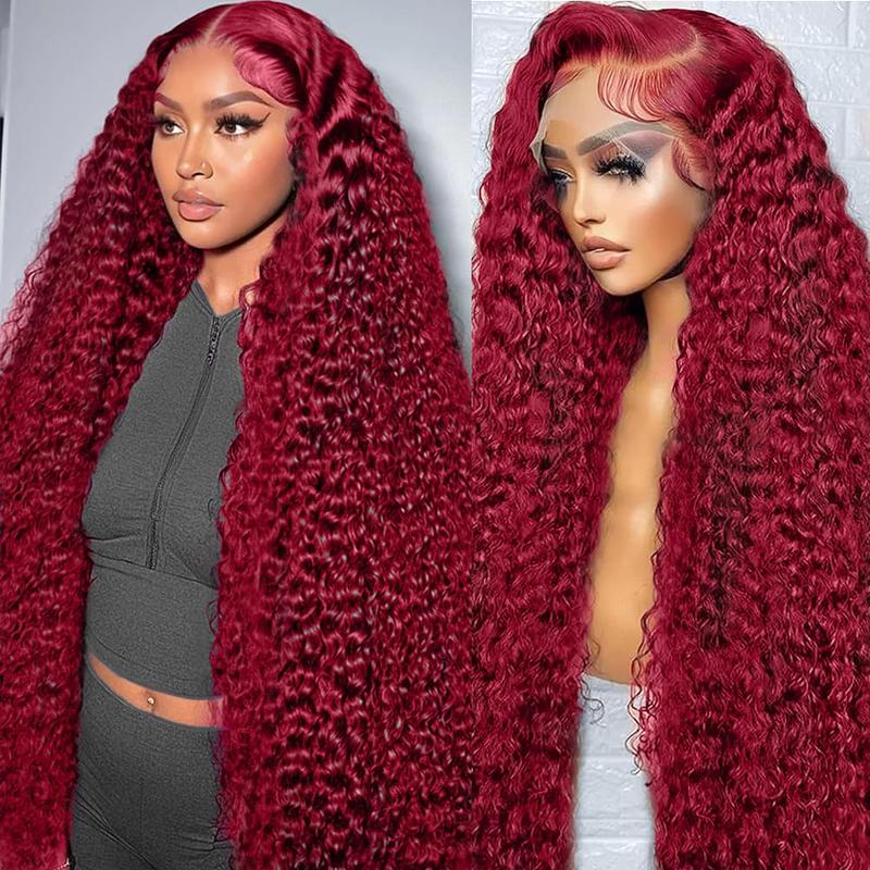 99j Burgundy 13x6 Deep Wave Lace Front Wigs Human Hair  HD Transparent Lace Front Wigs Human Hair for Women 180 Density Pre Plucked Wet And Wavy Red Colored Deep Curly Lace Frontal Wig