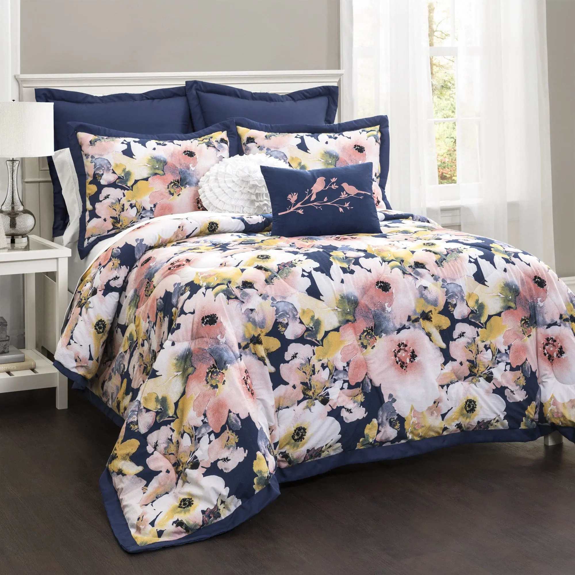 Lush Decor Floral Watercolor Full 7-Pc Bedding Set - 100% Cotton Face, Elegant Patterns, Floral Bedding Sets for Bedroom, Bedspread Set, Full 7‑Pc Set