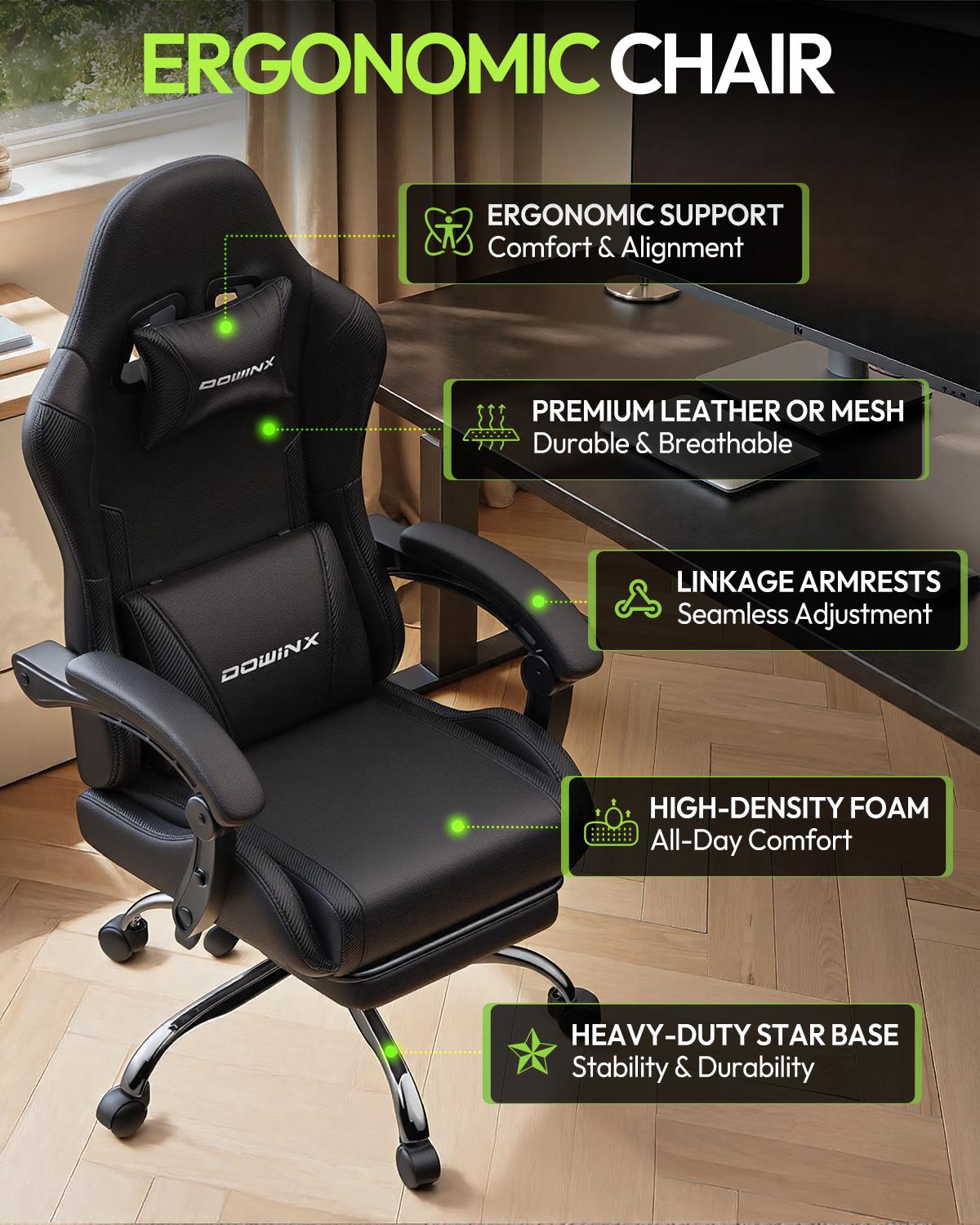 Ergonomic Massage Lumbar Gaming Chair with Footrest , Ergonomic Computer Chair 330lbs with Headrest Pillow for Office, Home, Streaming and Long Gaming Sessions