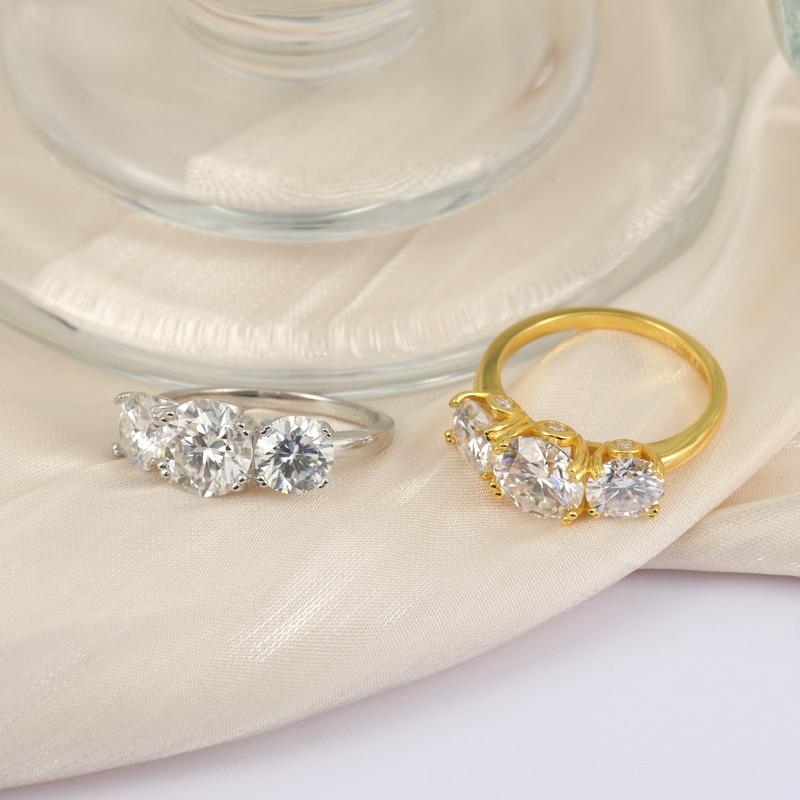 Delzzad Three Stone Prong Engagement Ring Round Cut VVS Synthetic Moissanite Ring Band S925 Christmas Gift