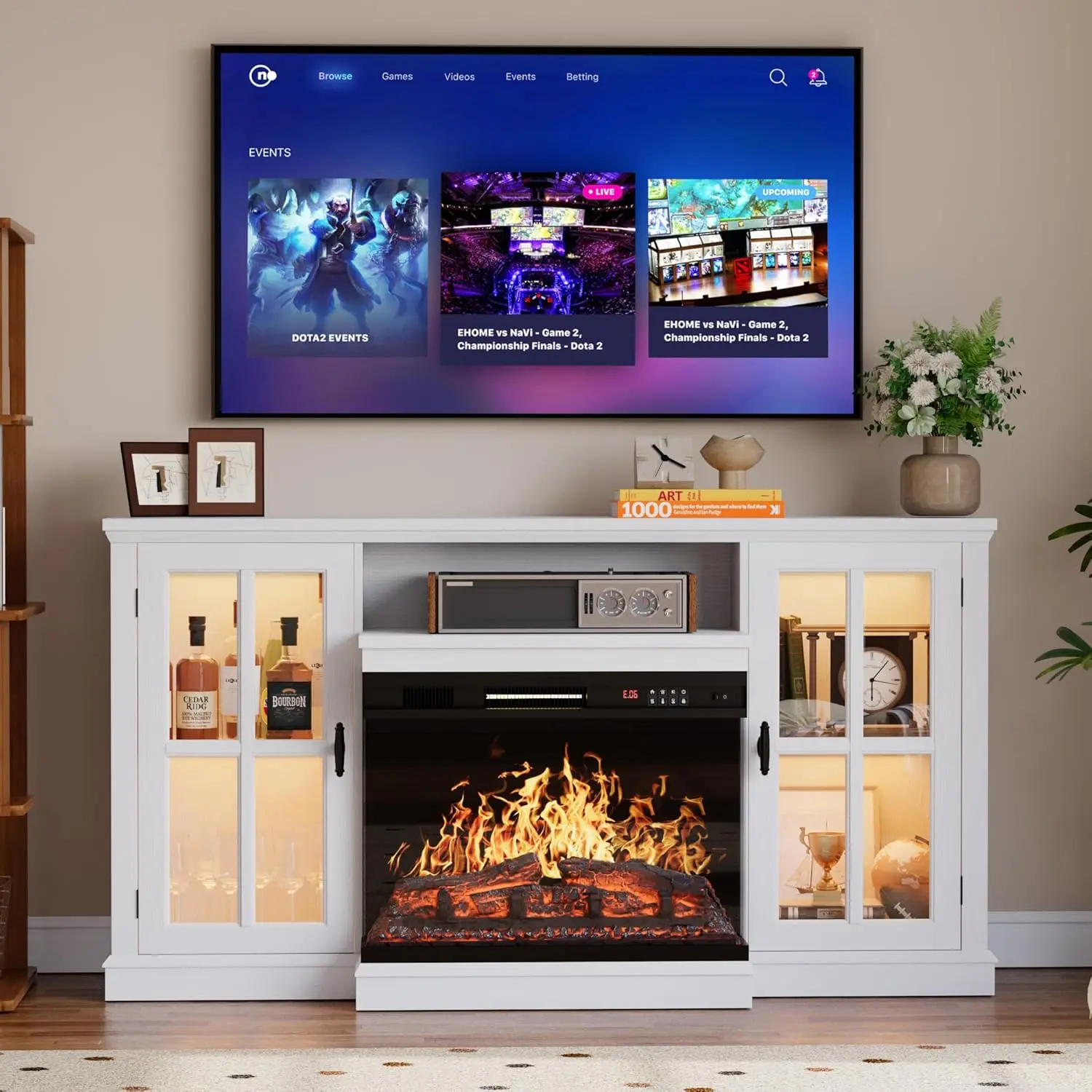 Furmax 65 in Modern TV Console Table - LED Floating Entertainment Stand with 26" Panoramic Fireplace, Smudge-Resistant Glass, Floating TV Stand