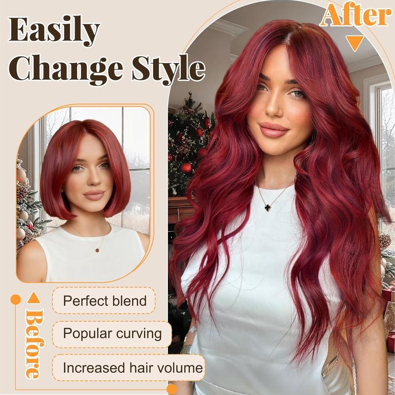 Clip in Long Wavy Synthetic Hair Extension 20 Inch Red 4PCS Thick Hairpieces Fiber Double Weft Hair for Women instant volume