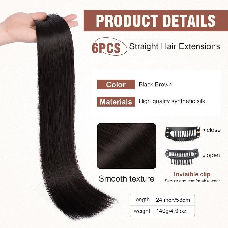 Clip in Hair Extensions Straight 24 Inch Long Invisible Synthetic Extension 6PCS Thick Fake Heat Resistant Clips on Hairpieces for Women Weddings Party Daily Use 5.29 Oz full head coverage instant volume synthetic hairpiece