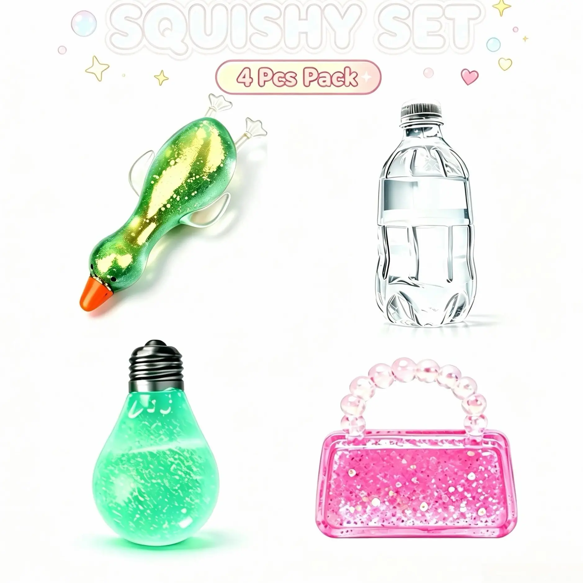 4 Pack Cute Novelty Squishy Squeeze Toys, Slow Rebound Stress Relief Fidget Toys for Adults Kids, Funny Duck Bottle Bulb Handbag Sensory Play Gift