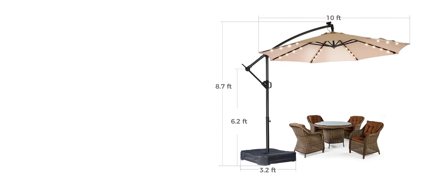 [With Base] 10ft Offset Outdoor Patio Umbrella with Base & Solar Light, Easy Tilt & Crank, Adjustable UPF 50+ UV Protection for Garden, Backyard & Poolside