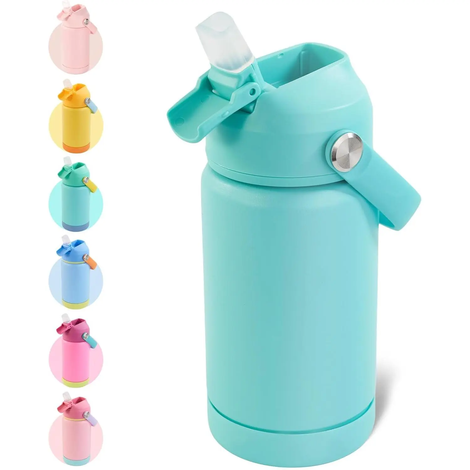 12oz Insulated Water Bottle For Kids,  Steel Insulated Kids Water Bottle, Toddler Cup With Straws Leak-proof, Kids Water Bottles For School Boys Girls, BPA Free, Green Colorful Drinkware Silicone Detachable Flasks Lid Lightweight Tumbler Bottled Mug