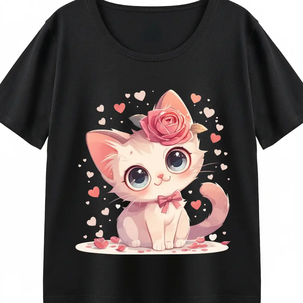 Women's Kawaii Graphic T-Shirt featuring a Romantic Cat, Rose, and Bow Print, Soft Short Sleeve Design, Fitted Cut, Tshirt, Women's Graphic Tees, Graphic Tee