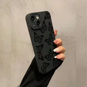 Applicable to iPhone 17/16/15/14/13/12/11 with black matte soft case, all-black butterfly full coverage anti-drop protection case
