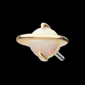 14kt Yellow Gold Threadless Planet Flatback Stud Earring with Prong Set White Opal