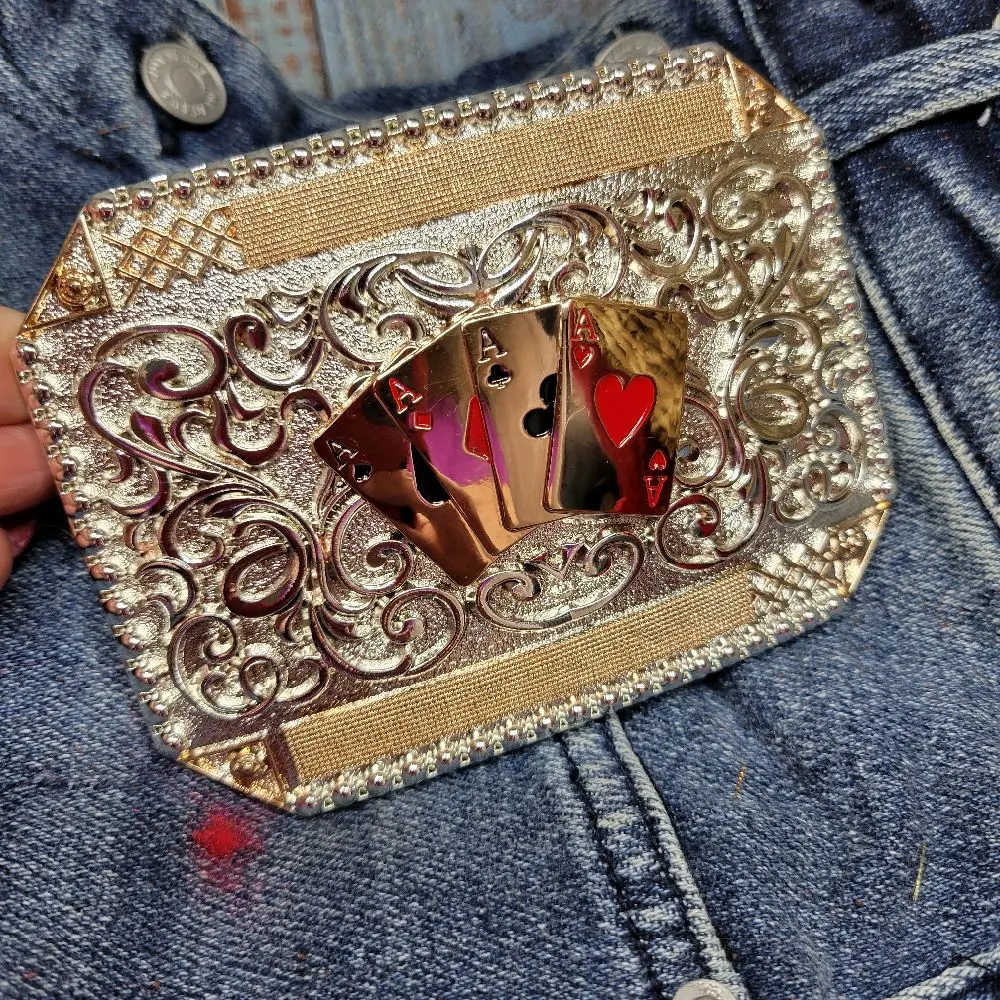 Four aces Western Belt buckle silver and rose tone with gold tone Center  Four aces concho Cowboy fashion accessory