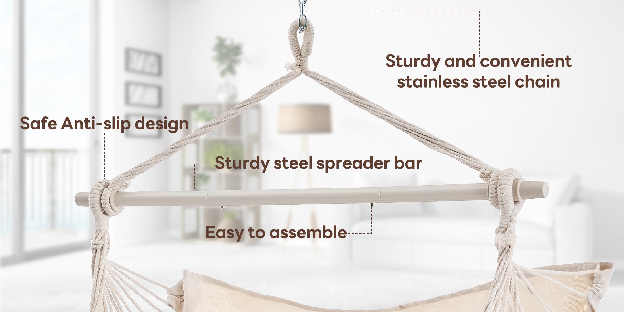 Single Hammock Chair with 2 Cushions, Hammock Swing, Macrame Hammock with High Load-Bearing Metal Rod, Indoor＆Outdoor