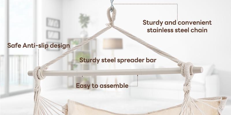 Single Hammock Chair with 2 Cushions, Hammock Swing, Macrame Hammock with High Load-Bearing Metal Rod, Indoor&Outdoor Single Hammock Chair with 2 Cushions, Hammock Swing, Macrame Hammock with High Load-Bearing Metal Rod, Indoor&Outdoor