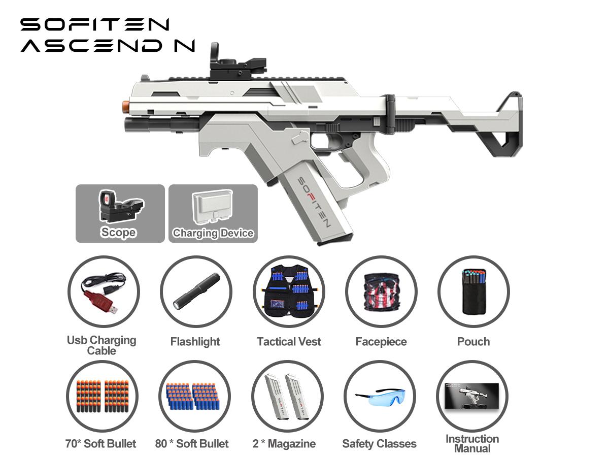 SOFITEN Ascend N,7.4V Full Auto Toy foam blaster set with Tactical Vest / Infrared / Flashlight / Power Indicator&Foldable Stock / 2 type darts, Toy gun set ideal for nerf guns fans 8+ boys girls; For Gift / family party / outdoorfun / Birthday / Practice