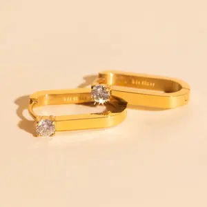 Single Crystal Oblong Huggie Hoop Earrings