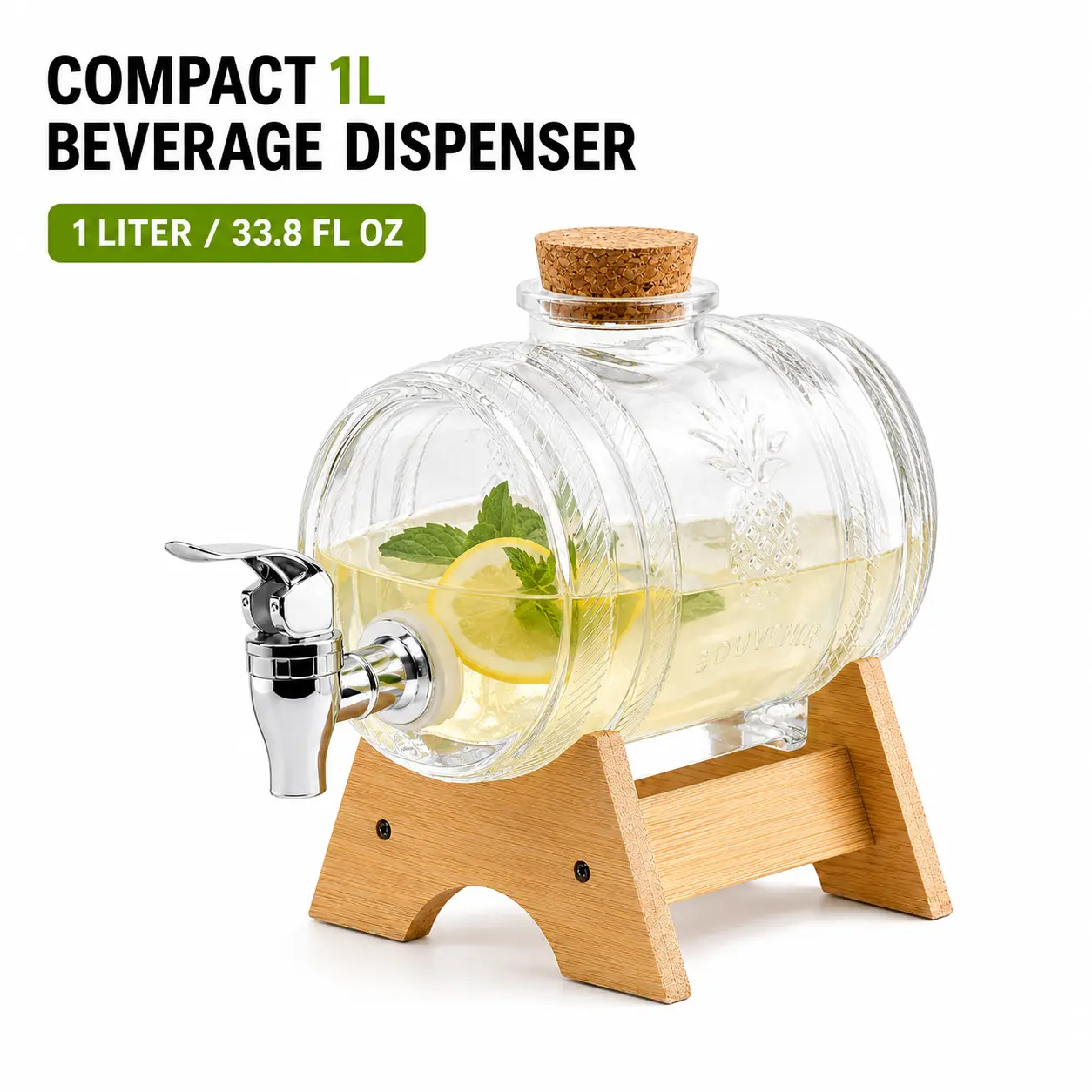 MIUVA 1L Capacity Sturdy Leakproof Glass Drink Dispenser - Wooden Lid, Convenient Tap, Airtight Wine Barrel Design Pitcher for Tea, Iced Tea, Party | Mid Year Sale, Drink Dispensers
