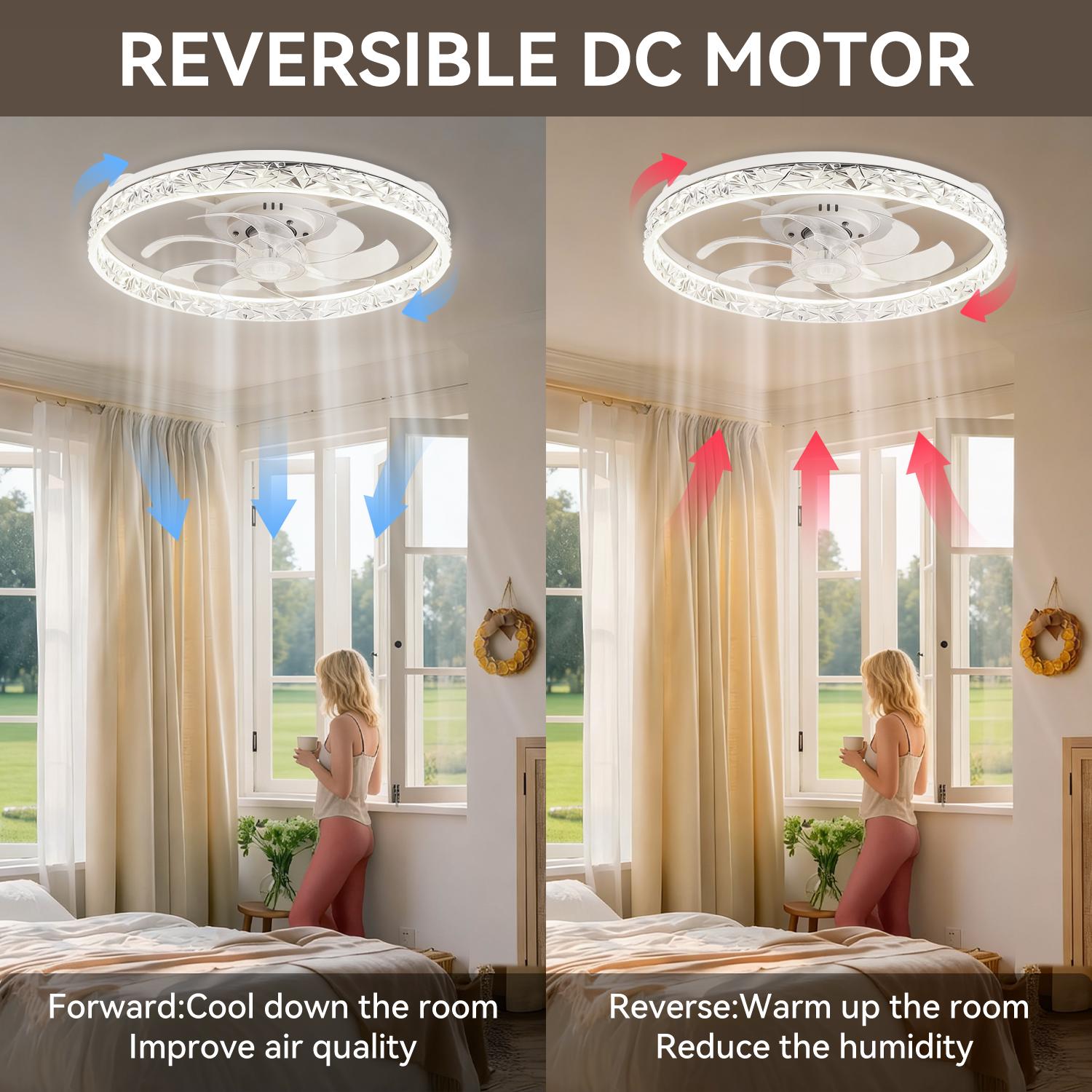 GLITGATE Cristais Multifunctional Ceiling Fan with 3 Color Temperatures Light, Remote Control/APP, 6 Wind Speeds, Timer, Reversible DC Motor, Adjustable Brightness , Low Noise for Living Room, Bedroom, Indoor Lighting Led Lighted