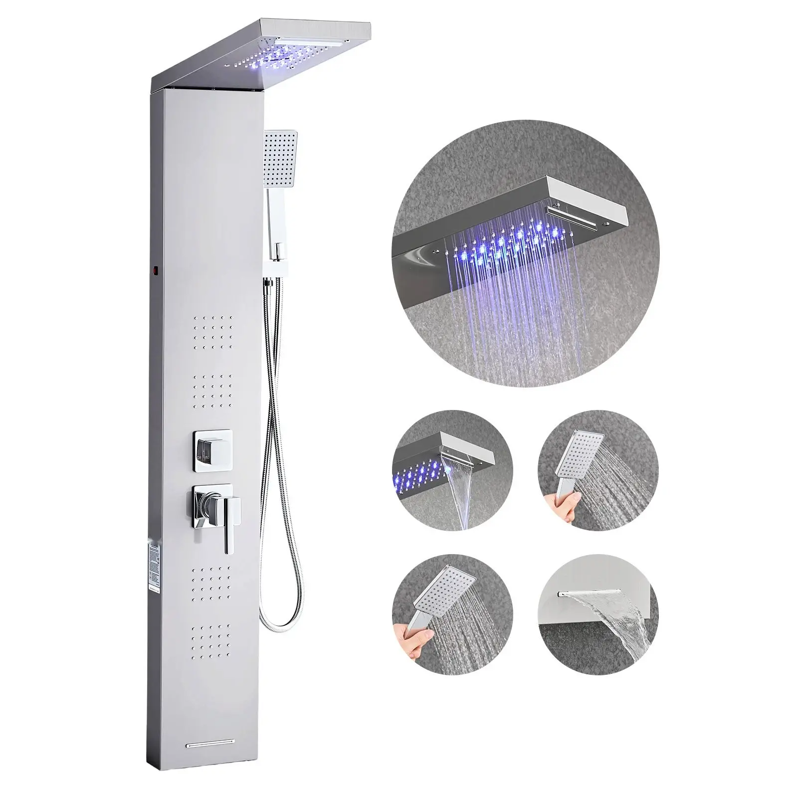 Stainless Steel Shower Panel Tower System With Column-Mounted Design, Multifunction Shower Panel Head Featuring Rainfall, Waterfall, Mist, Jet And Massage Modes, 5 Adjustable Functions, Durable Construction For Modern Bathrooms