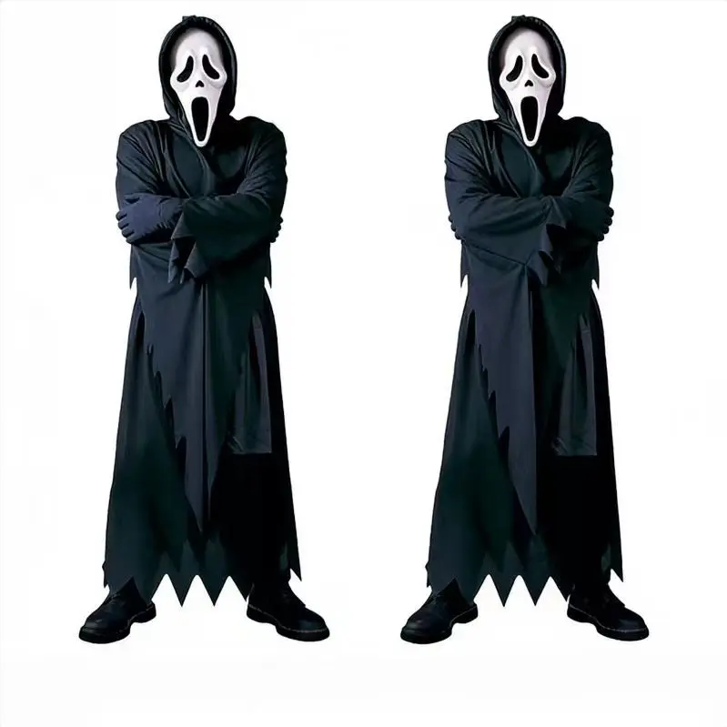 Men's Hooded Full-Length Robe Sweat Suit Ghost Face Costume - Scary Halloween Slasher Cosplay Outfit with Jagged Sleeves, Lightweight Fabric, Gloves, Toy Knife, 1 Size Fits Most, Suitable Year-Round for Horror Movie Parties