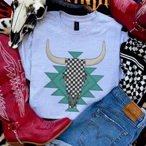 Checkered Aztec Bull Skull Shirt, western clothing, western tops, western cowgirl stuff, punchy western wear, western outfits for women, country girl stuff clothing, graphic tees women, sweatshirts for women, western for women country girl clothes